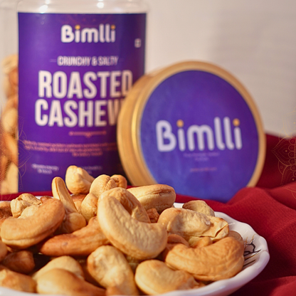 Roasted cashews with Bimlli branded packaging in the background