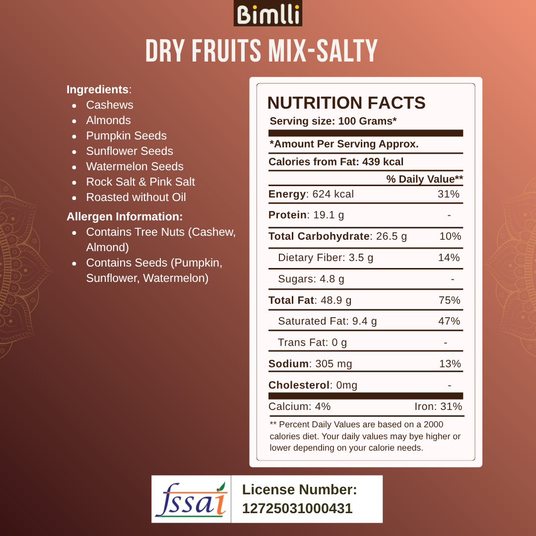 Nutrition facts label for Bimlli Dry Fruits Mix Salty on a brown background