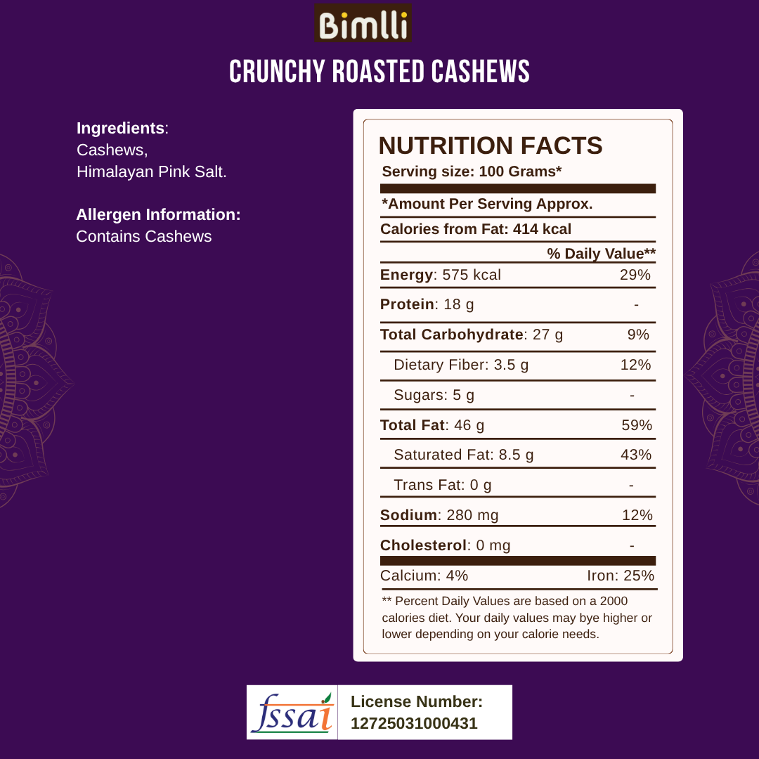Nutrition facts label for crunchy roasted cashews on a purple background with Bimlli branding.