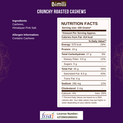 Nutrition facts label for crunchy roasted cashews on a purple background with Bimlli branding.