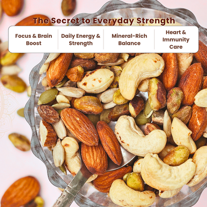 Assorted nuts in a bowl with text about health benefits on a pink background