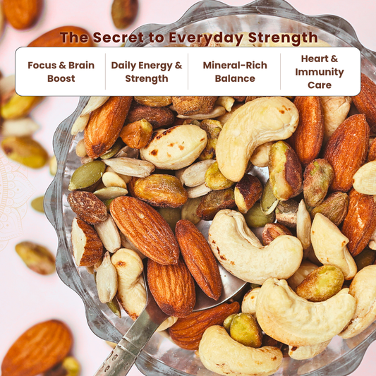 Assorted nuts in a bowl with text about health benefits on a pink background